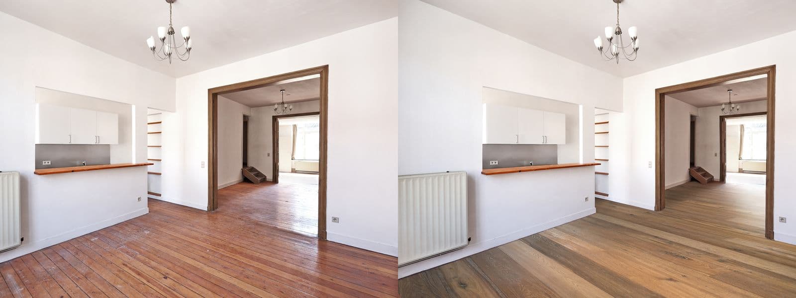 Leere Wohnräume mit Parkettboden und Heizkörper unter dem Fenster